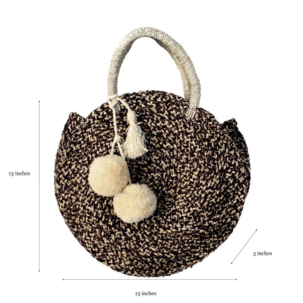 NWT Handmade Black Round Grass Beach Tote with Pompoms - Balinese Summer Bag - Picture 4 of 9